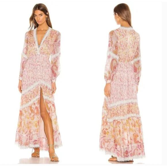 Rococo Sand Candy Dress Paisley Print Maxi Dress Chiffon Lace Pink Size Medium - Picture 1 of 12